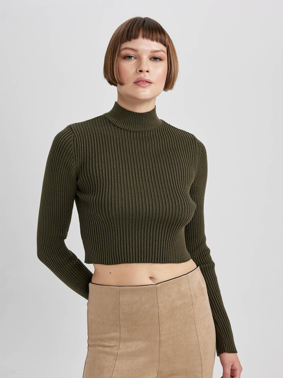 

DeFacto Ribbed Turtle Neck Pullover, Olive