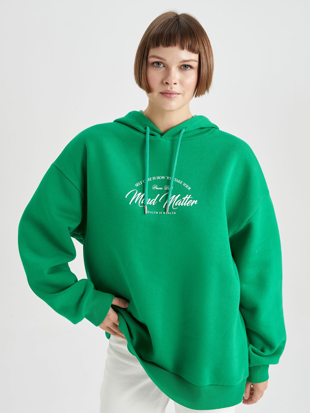 

DeFacto Typography Printed Hooded Longline Pullover Sweatshirt, Green