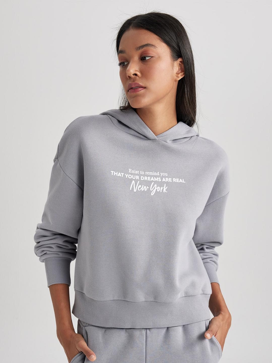 

DeFacto Typography Printed Hooded Pullover Sweatshirt, Grey