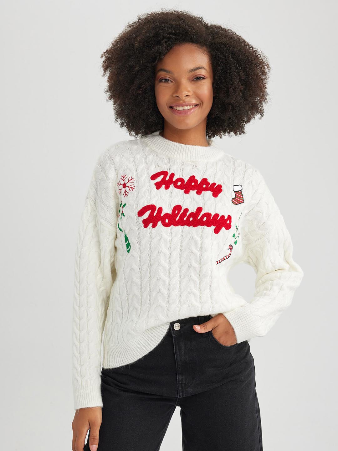 

DeFacto Typography Printed Round Neck Pullover, White