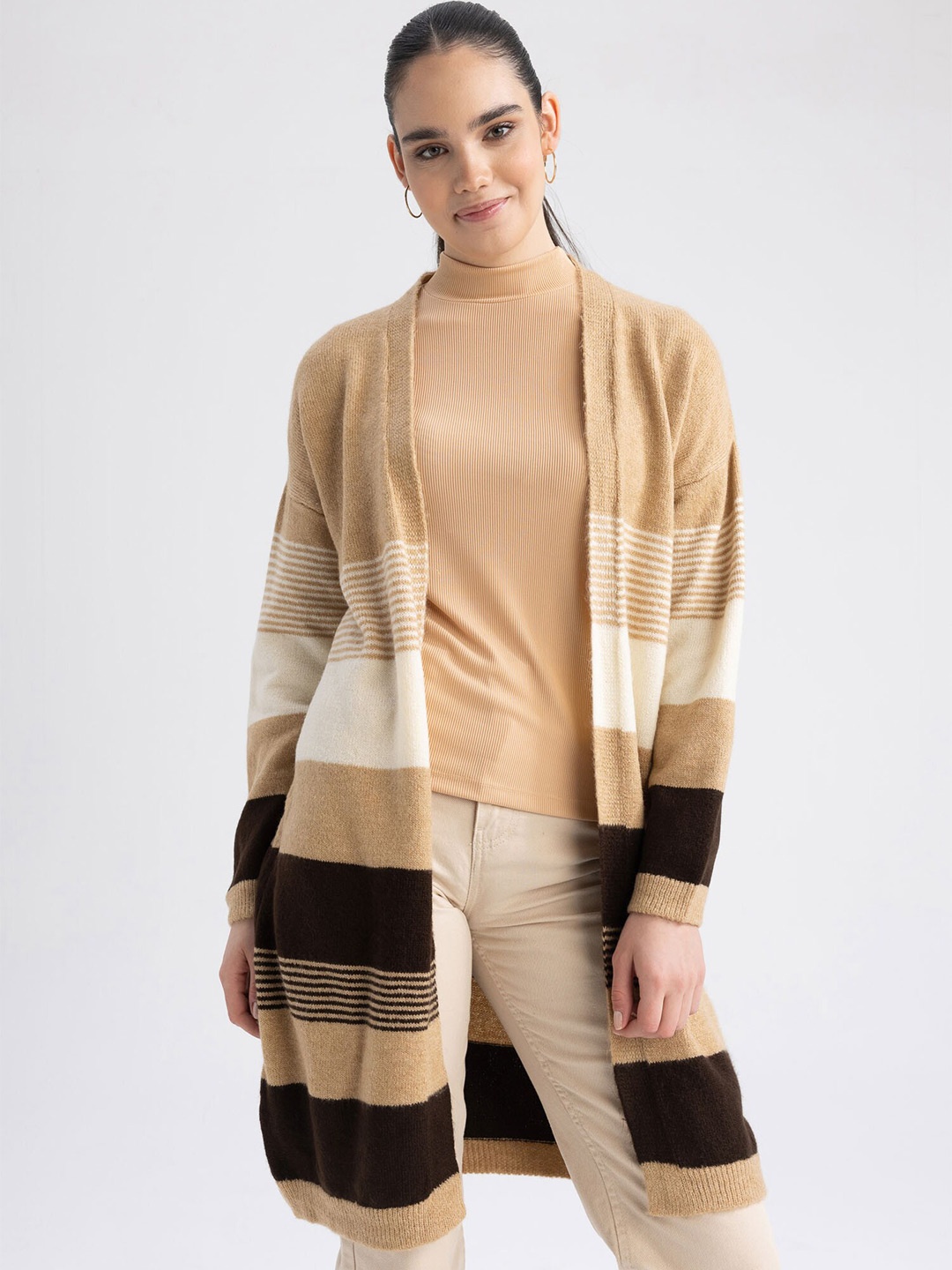 

DeFacto Striped Longline Front-Open Sweater, Beige