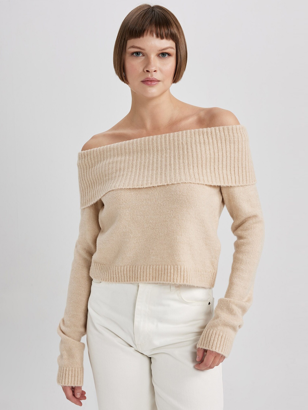 

DeFacto Ribbed Off Shoulder Pullover Sweater, Beige