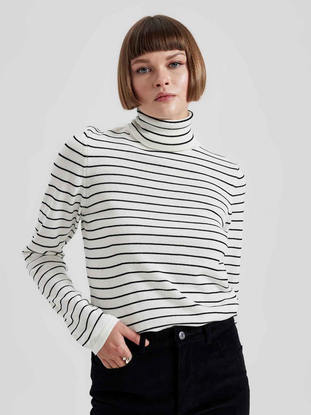 

DeFacto Striped Turtle Neck Pullover Sweater, White