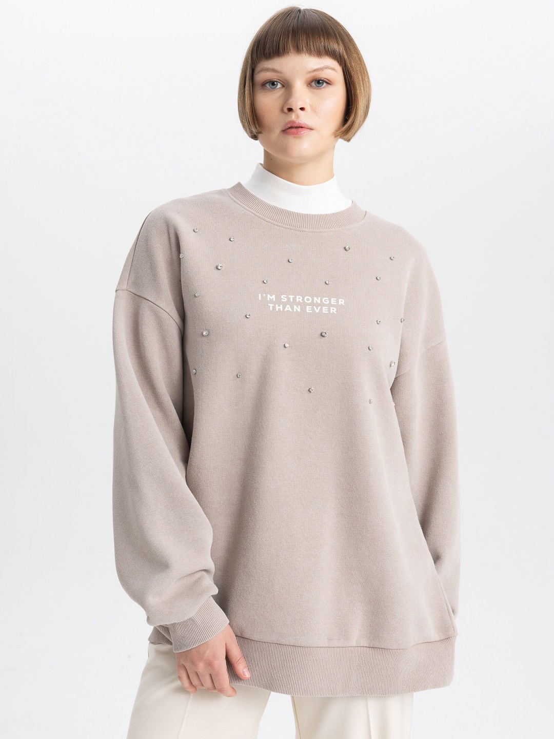 

DeFacto Typography Printed Pullover Sweatshirt, Beige