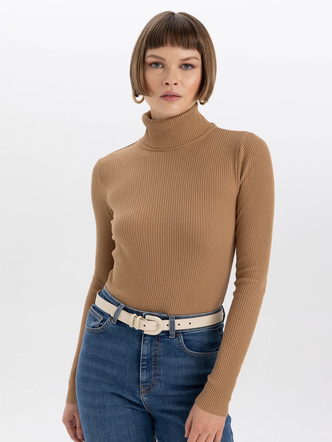 

DeFacto Ribbed Turtle Neck Pullover Sweater, Brown