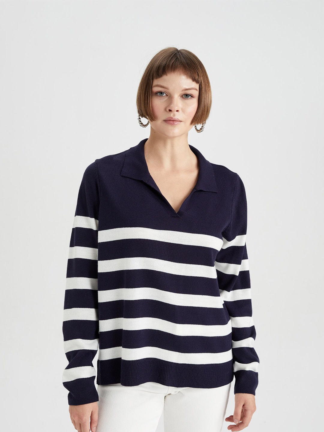 

DeFacto Striped Shirt Collar Acrylic Pullover Sweater, Navy blue