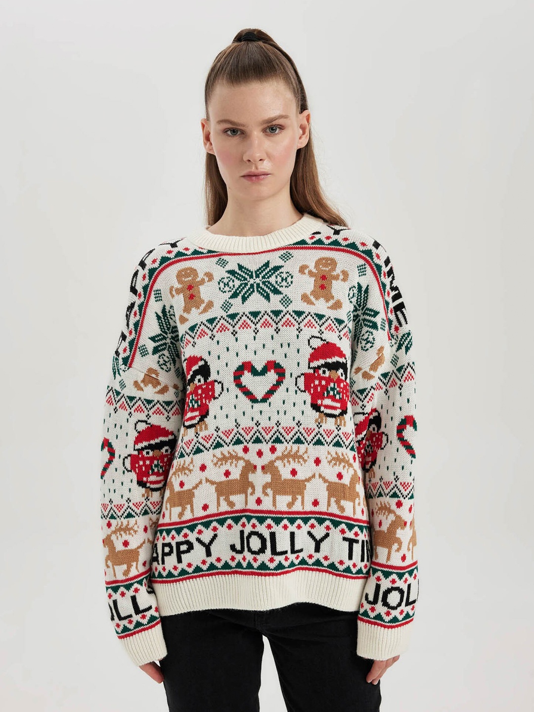 

DeFacto Fair Isle Self Design Acrylic Pullover Sweater, White