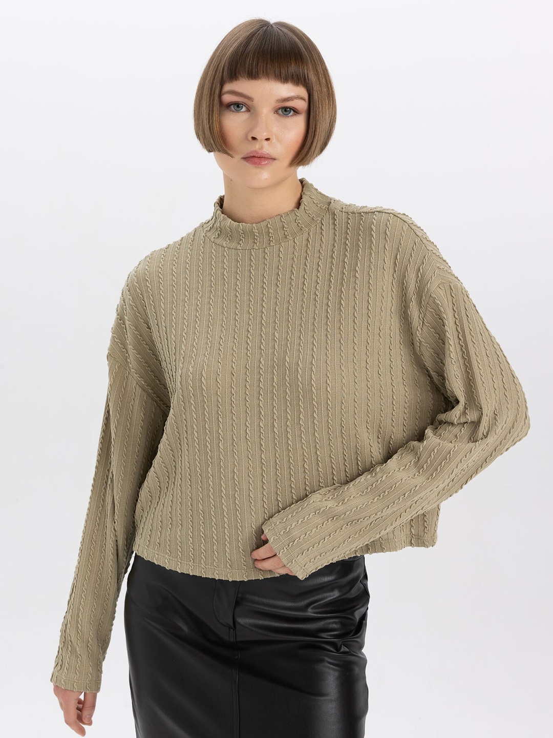 

DeFacto Cable Knit Self Design High Neck Pullover Sweaters, Khaki