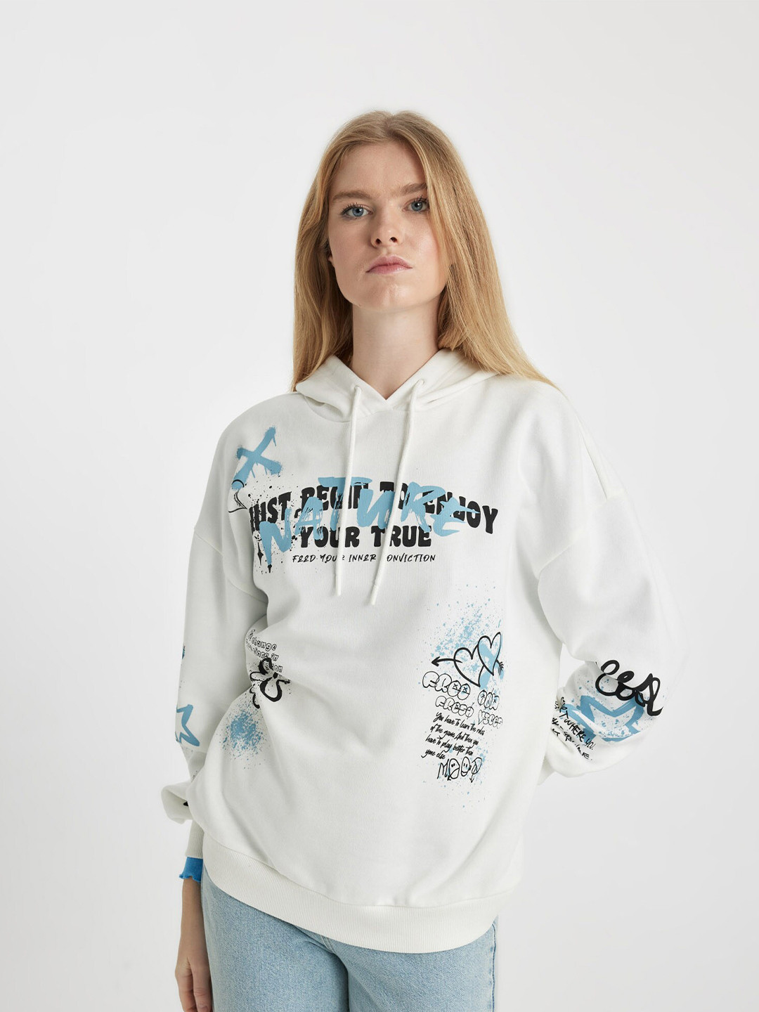 

DeFacto Typography Printed Long Sleeves Hooded Sweatshirt, White