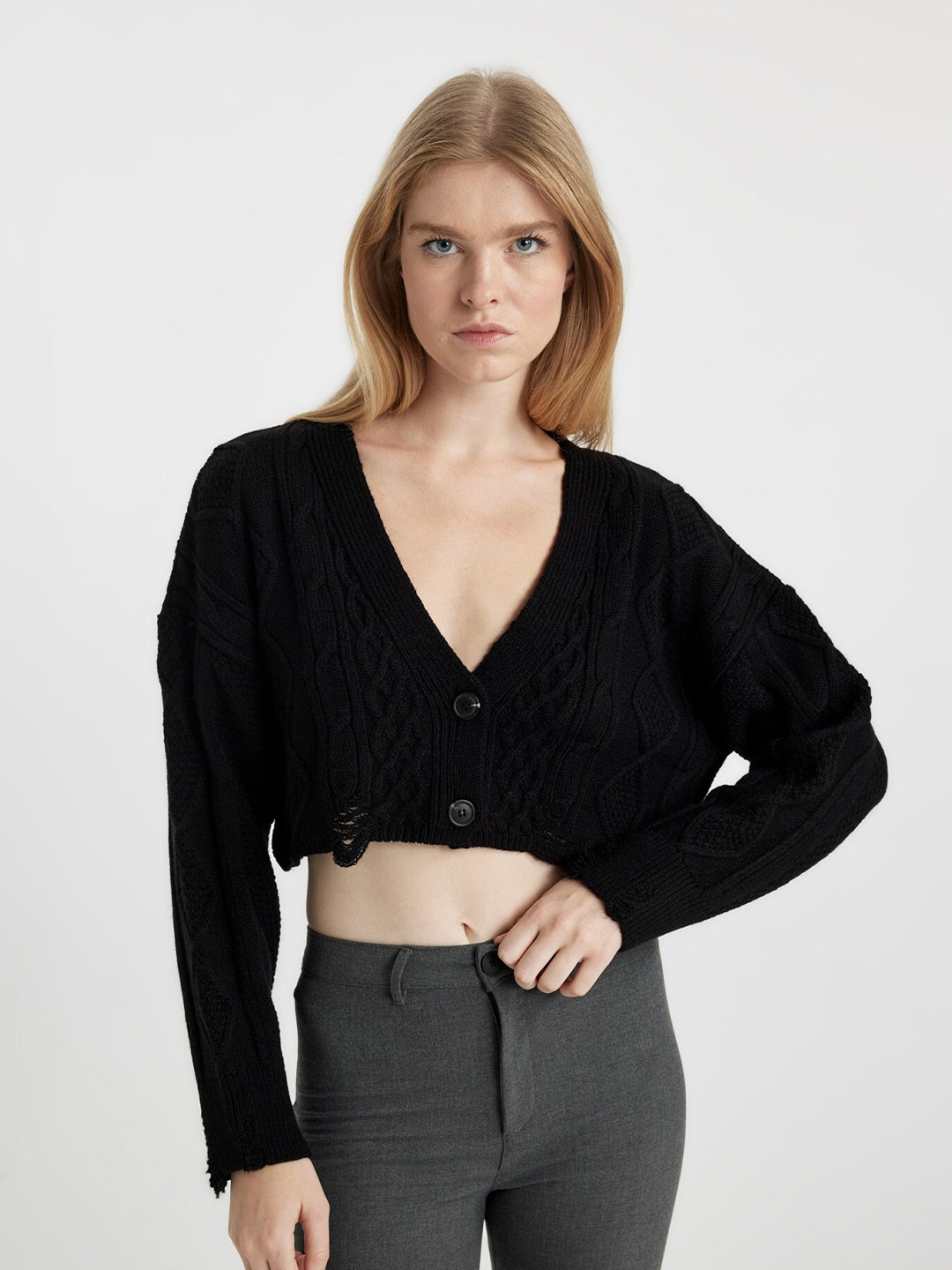 

DeFacto Cable Knit Self Design Crop Cardigan Sweater, Black