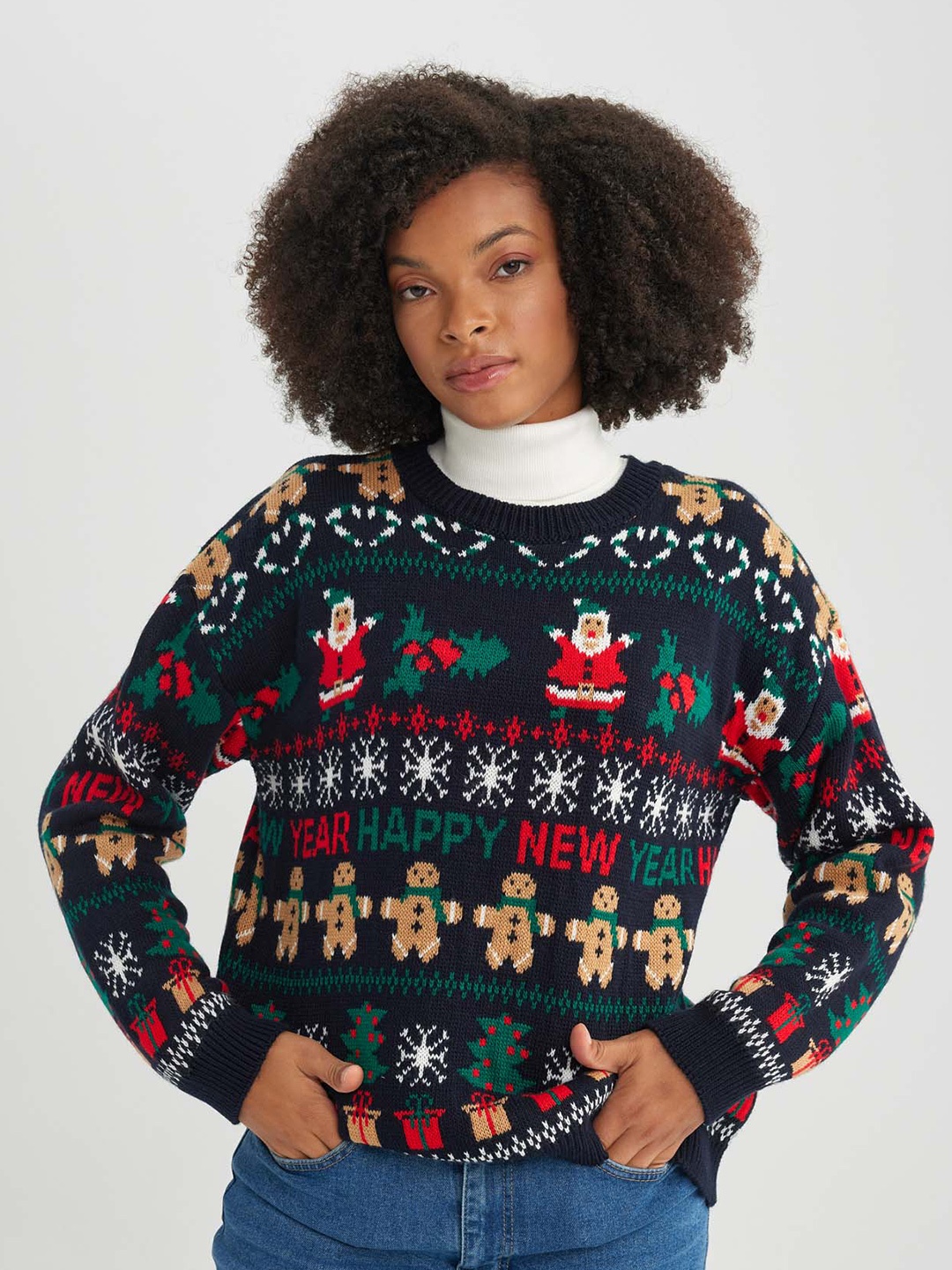 

DeFacto Self Design Cable Knit Acrylic Sweater, Navy blue
