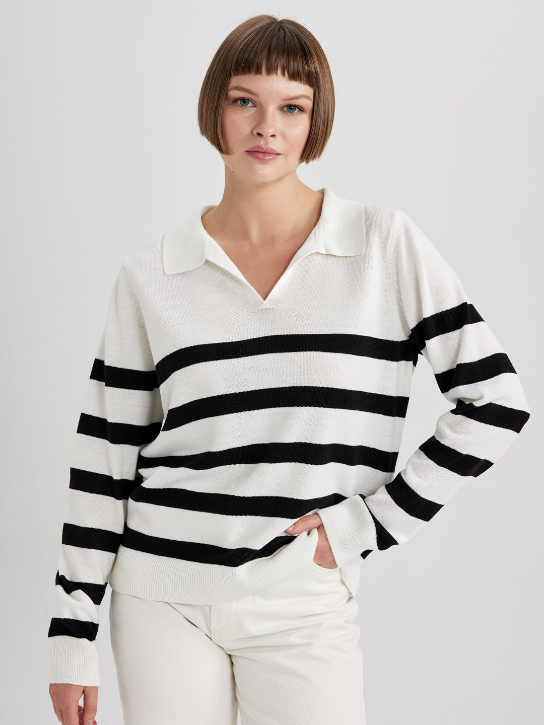 

DeFacto Striped Shirt Collar Pure Acrylic Pullover, White