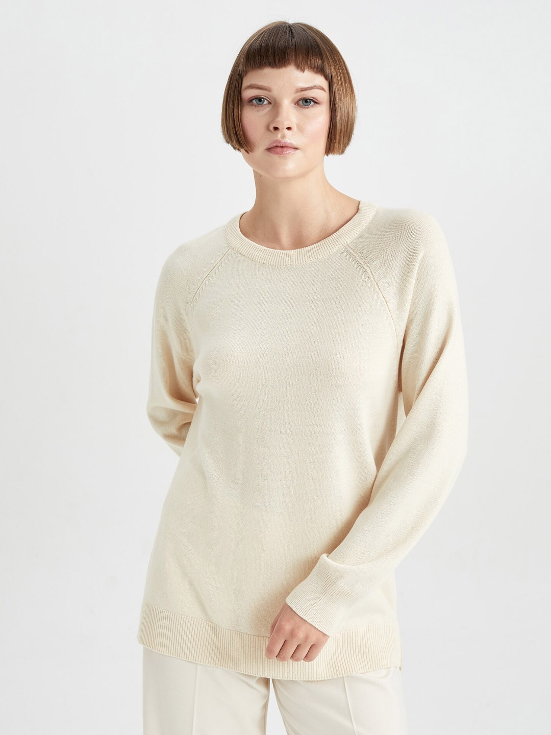 

DeFacto Round Neck Raglan Sleeves Acrylic Sweater, Beige