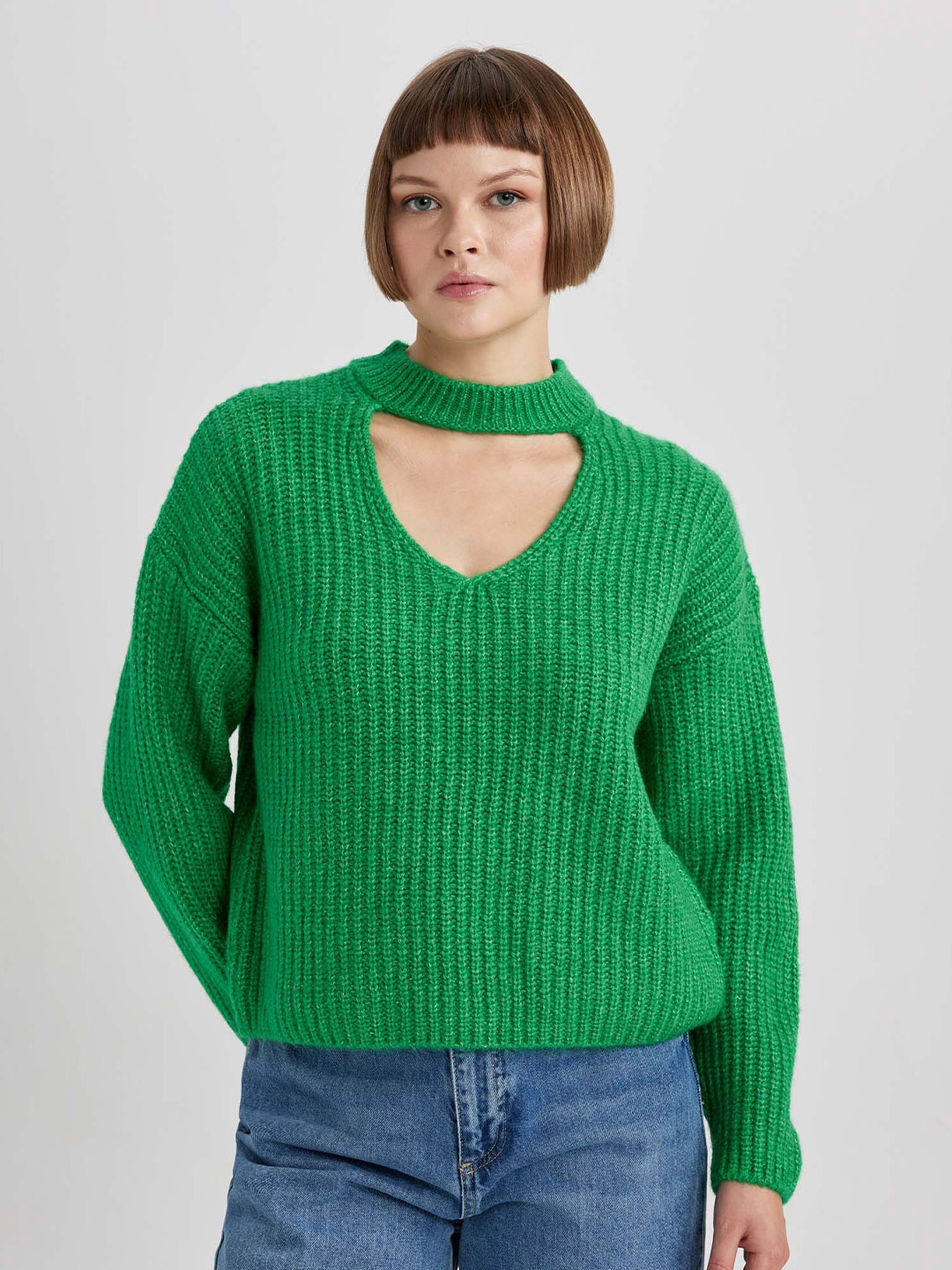 

DeFacto Ribbed High Neck Long Sleeves Cut Out Pullover Sweater, Green