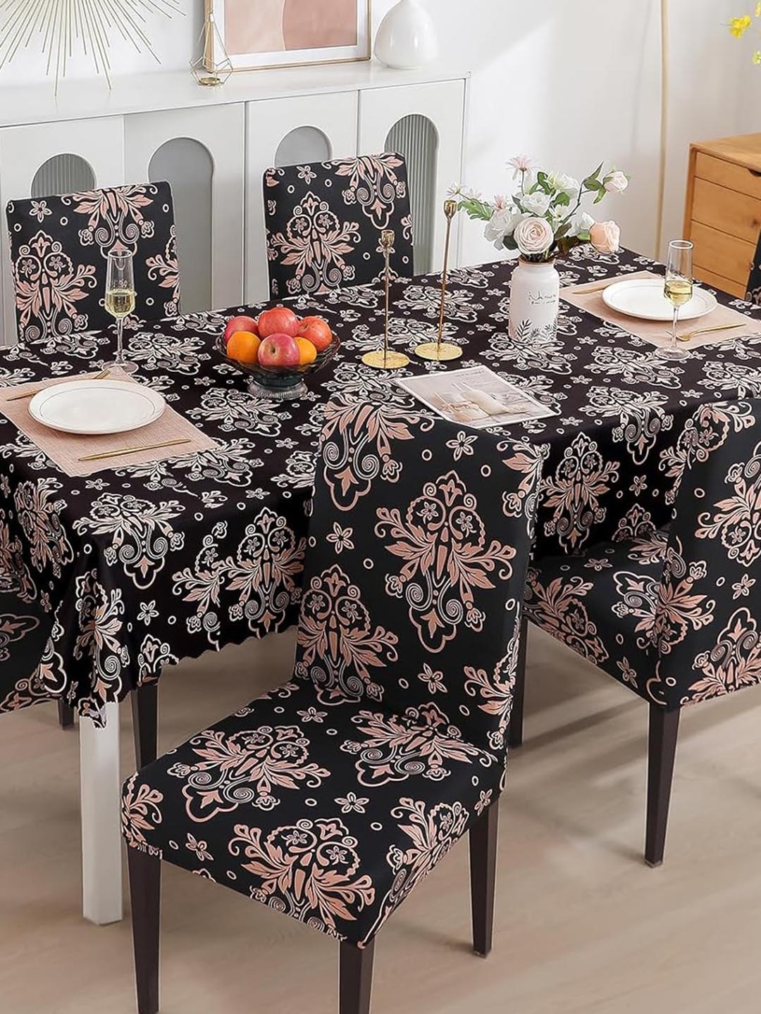 

HOUSE OF QUIRK Black 5Pieces Floral Polyvinyl Chloride Waterproof Dining Table Covers
