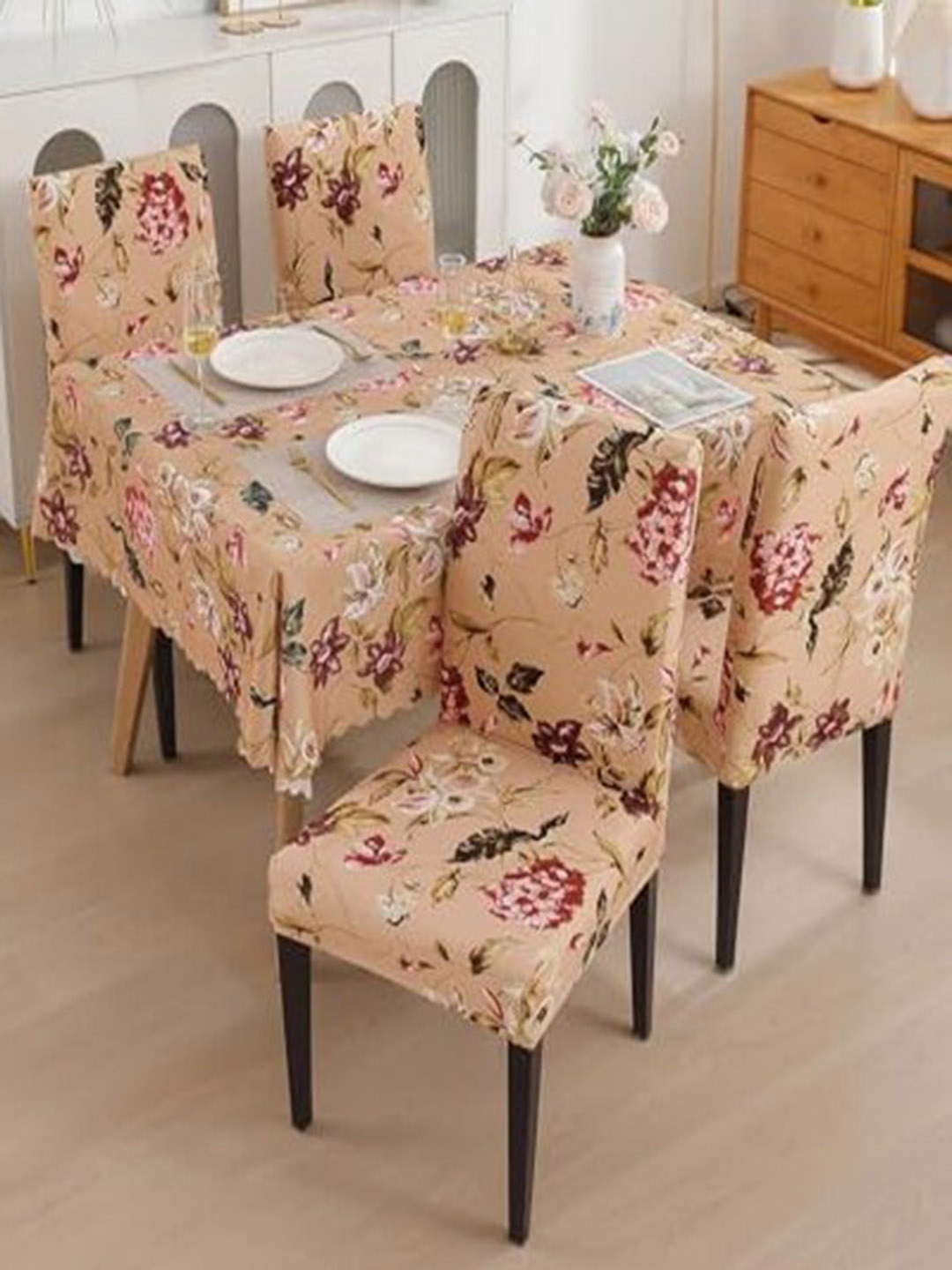 

HOUSE OF QUIRK Beige Floral Printed 71" x 55" Waterproof Table Cover with 4 Chair Covers