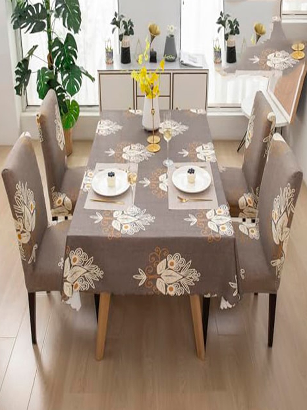 

HOUSE OF QUIRK Beige 5 Pieces Floral Printed Table Cover With Chair Covers