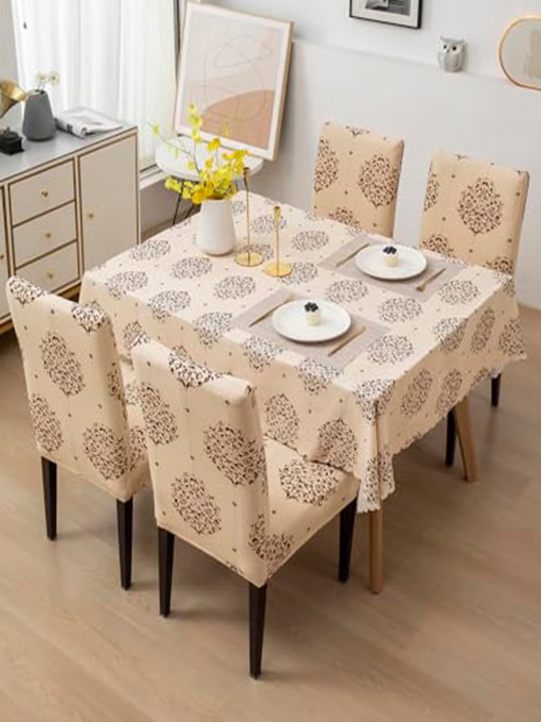 

HOUSE OF QUIRK Beige Motif Printed 71" x 55" Waterproof Table Cover with 4 Chair Covers