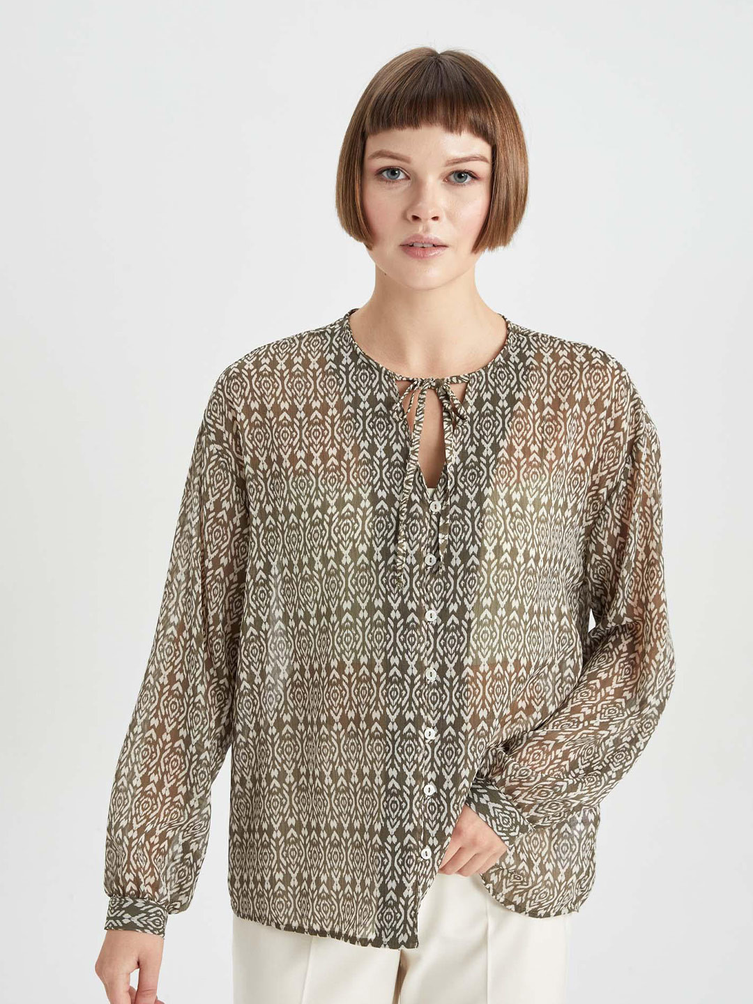 

DeFacto Animal Printed Tie-Up Neck Top, Beige