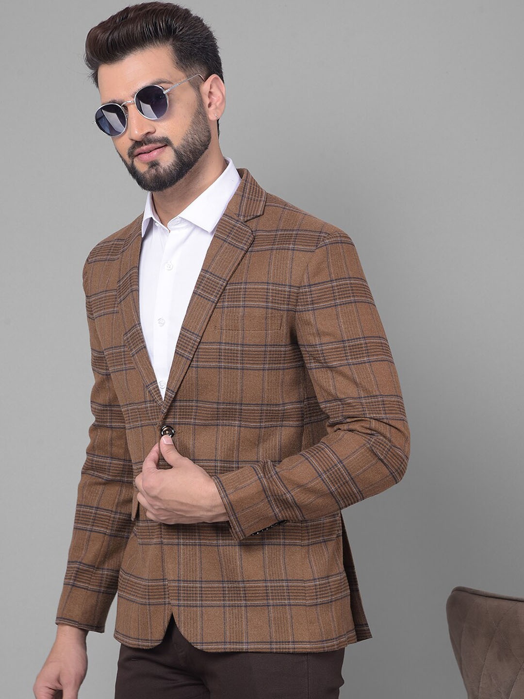 

Crimsoune Club Checked Notched Lapel Single Breasted Slim Fit Blazer, Brown