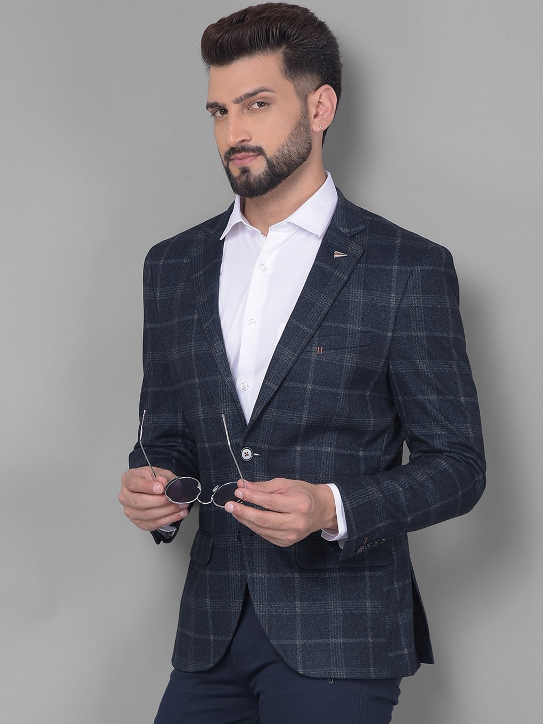 

Crimsoune Club Checked Single-Breasted Slim-Fit Blazer, Navy blue