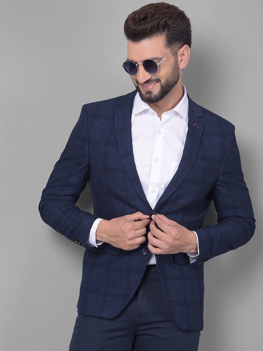 

Crimsoune Club Checked Single Breasted Slim-Fit Blazer, Navy blue