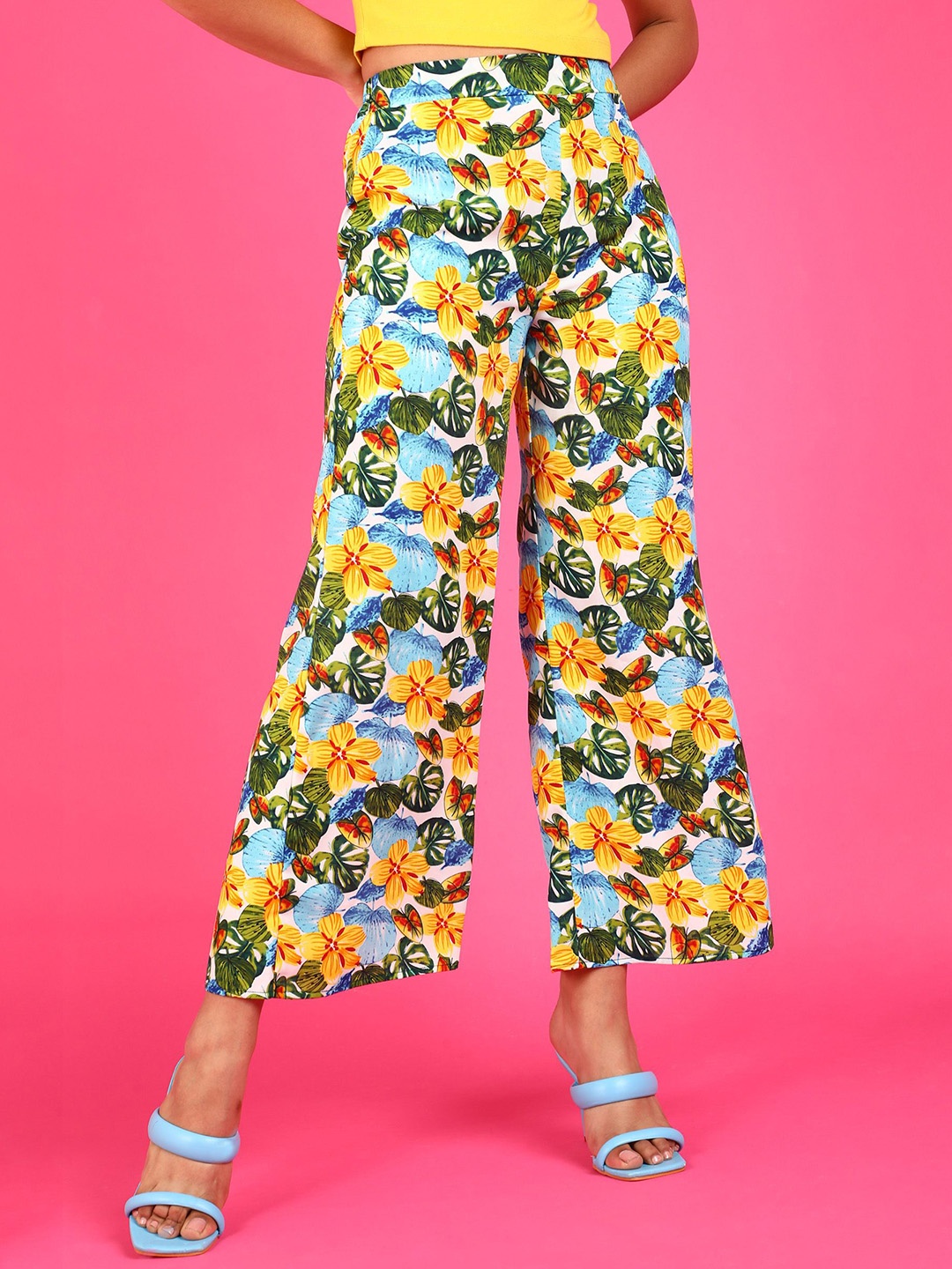 

Popwings Women Floral Printed Smart Loose Fit Culottes Trousers, Yellow