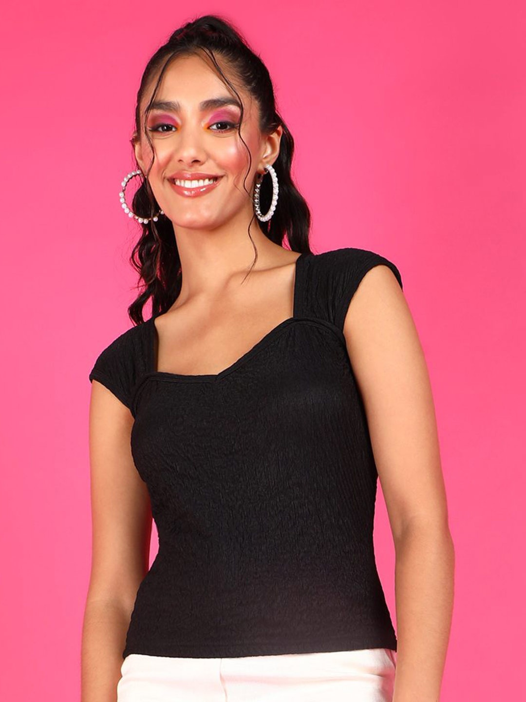 

Popwings Square Neck Cap Sleeve Top, Black