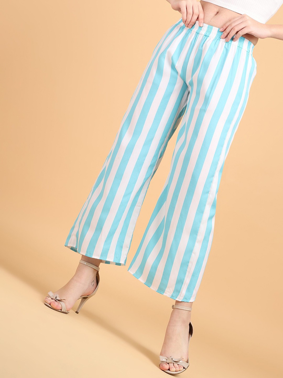 

Popwings Women Striped Smart Loose Fit Easy Wash Culottes Trousers, Blue