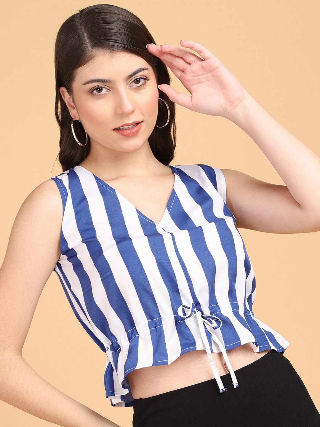 

Popwings Vertical Striped V-Neck Cinched Waist Crop Top, Blue