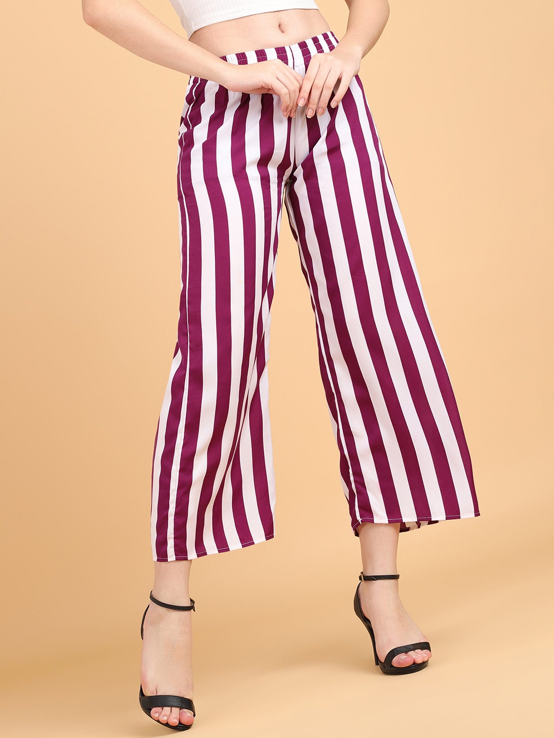 

Popwings Women Striped Smart Loose Fit Easy Wash Culottes Trousers, Purple