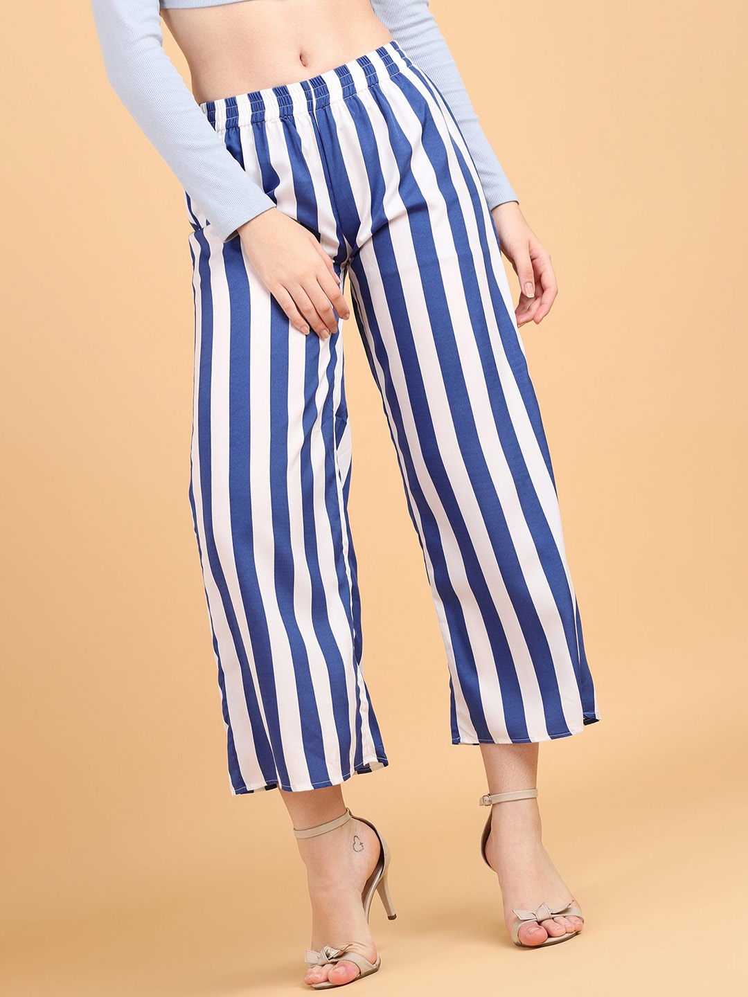 

Popwings Women Striped Smart Loose Fit Mid-Rise Culottes Trousers, Blue