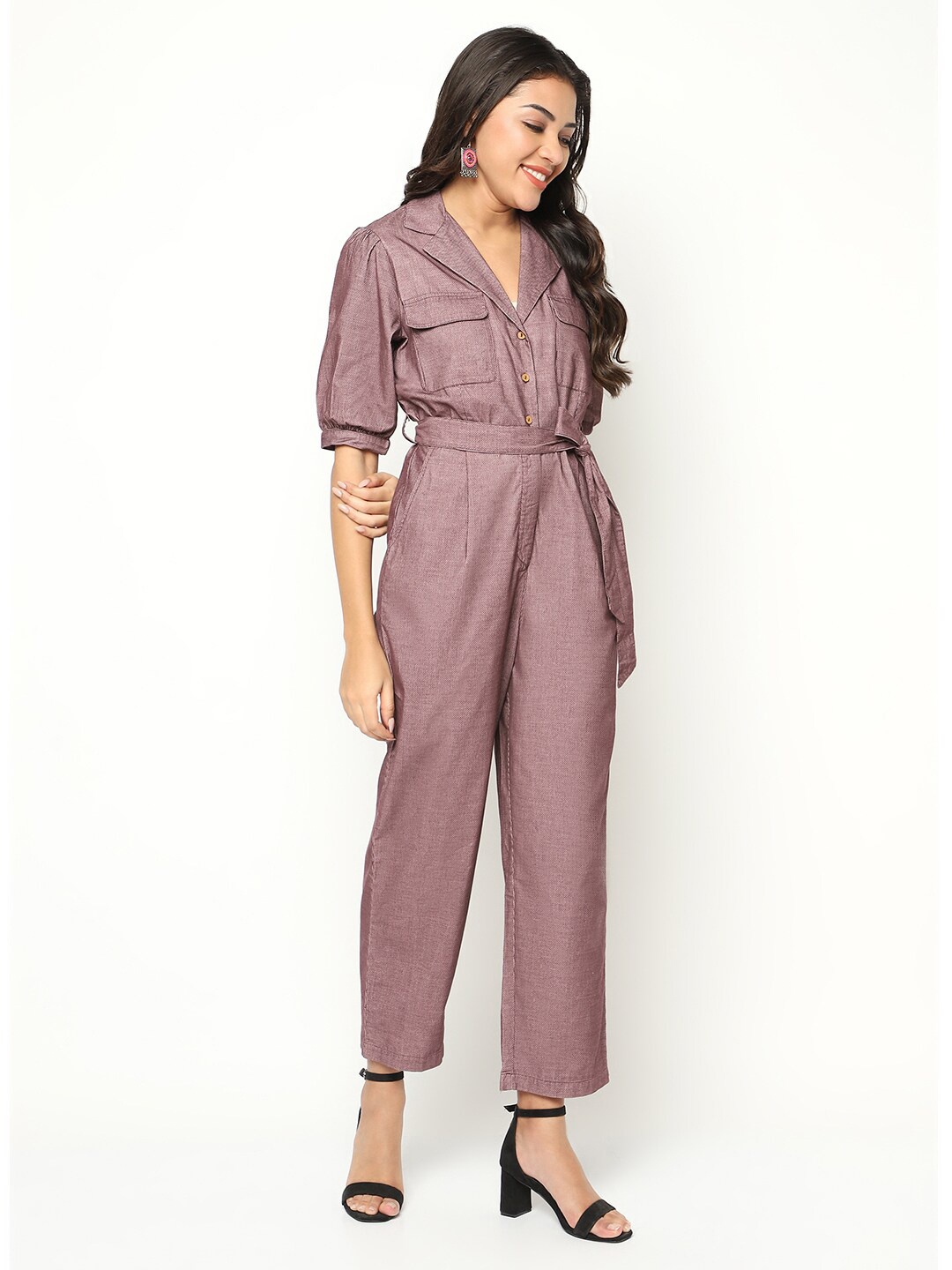 

HOUSE OF S Shirt Collar Textured Waist Tie-Ups Cotton Basic Jumpsuit, Pink
