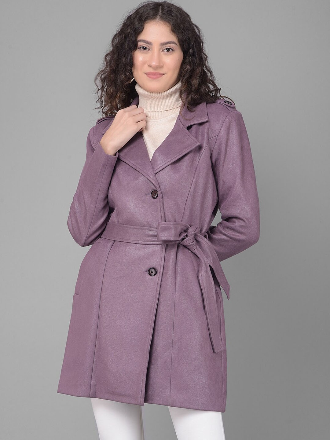 

Crimsoune Club Notched Lapel Collar Shoulder Tabs Single-Breasted Longline Trench Coat, Purple