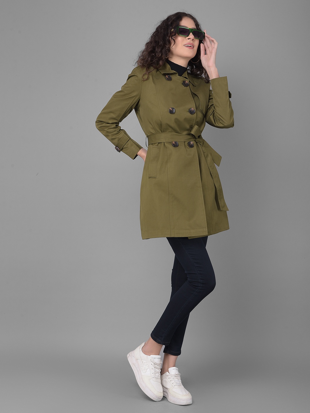 

Crimsoune Club Spread Collar Shoulder Tabs Double-Breasted Longline Trench Coat, Olive