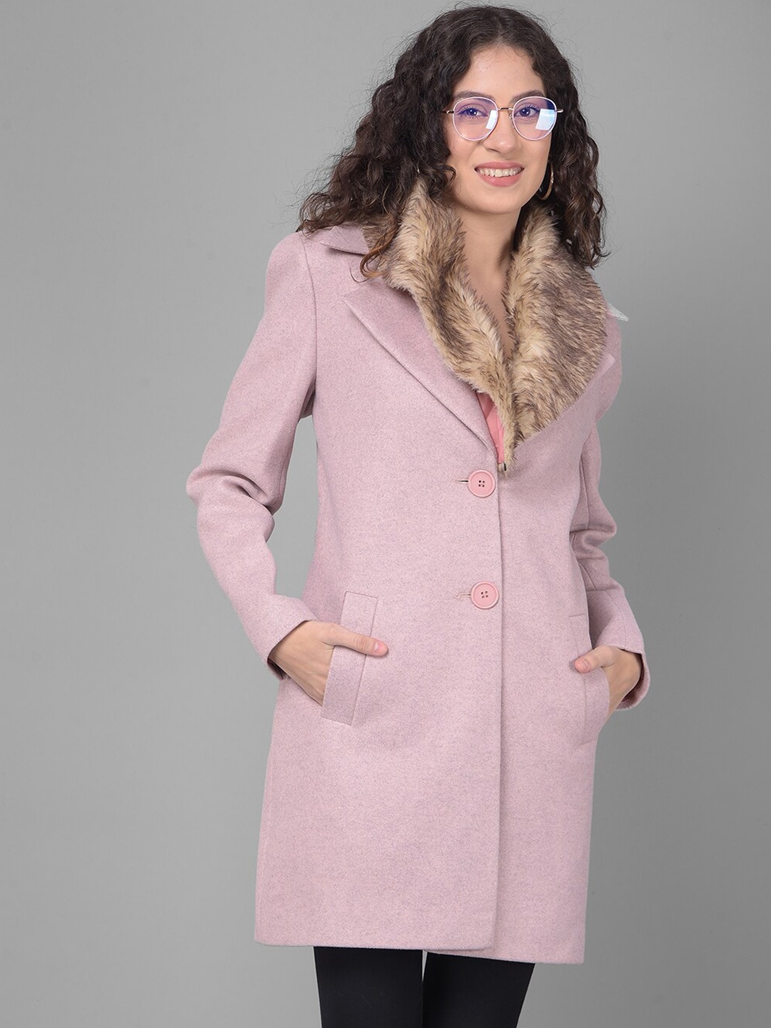 

Crimsoune Club Notched Lapel Collar Faux Fur Trim Longline Overcoat, Pink