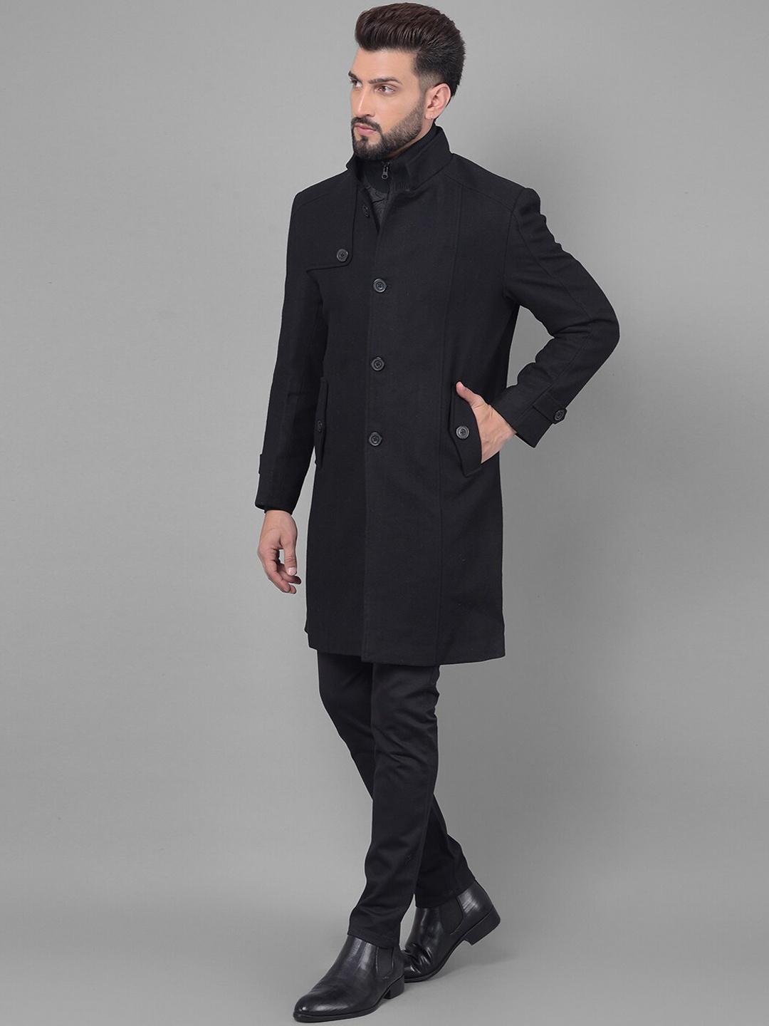 

Crimsoune Club Single-Breasted Mock-Collar Overcoat, Black