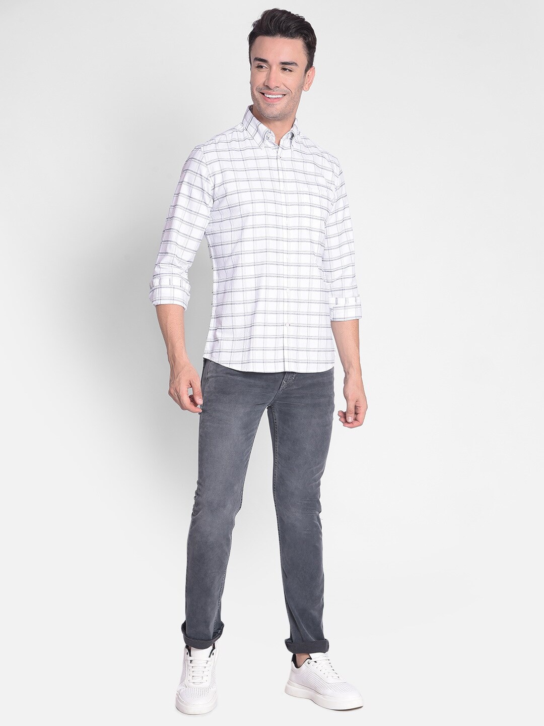 

Crimsoune Club Slim Fit Windowpane Checked Pure Cotton Casual Shirt, White