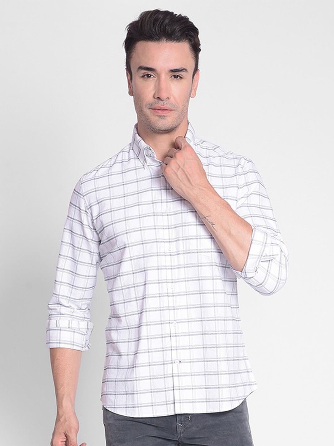 

Crimsoune Club Slim Fit Windowpane Checked Pure Cotton Casual Shirt, White