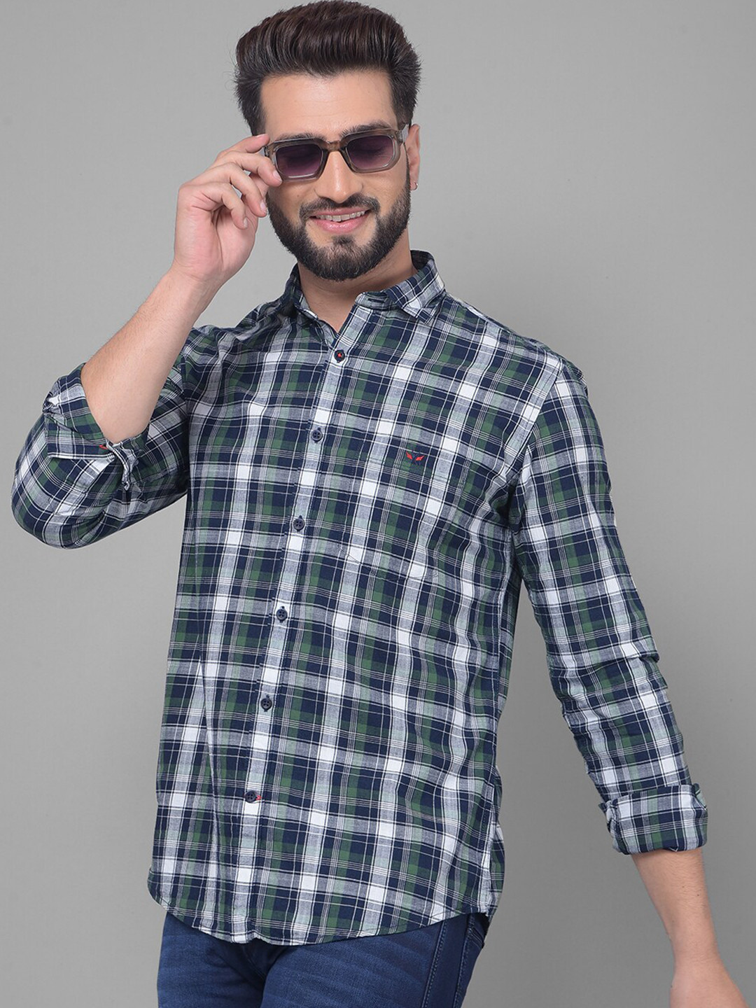 

Crimsoune Club Blue Slim Fit Tartan Checks Pure Cotton Casual Shirt, Navy blue