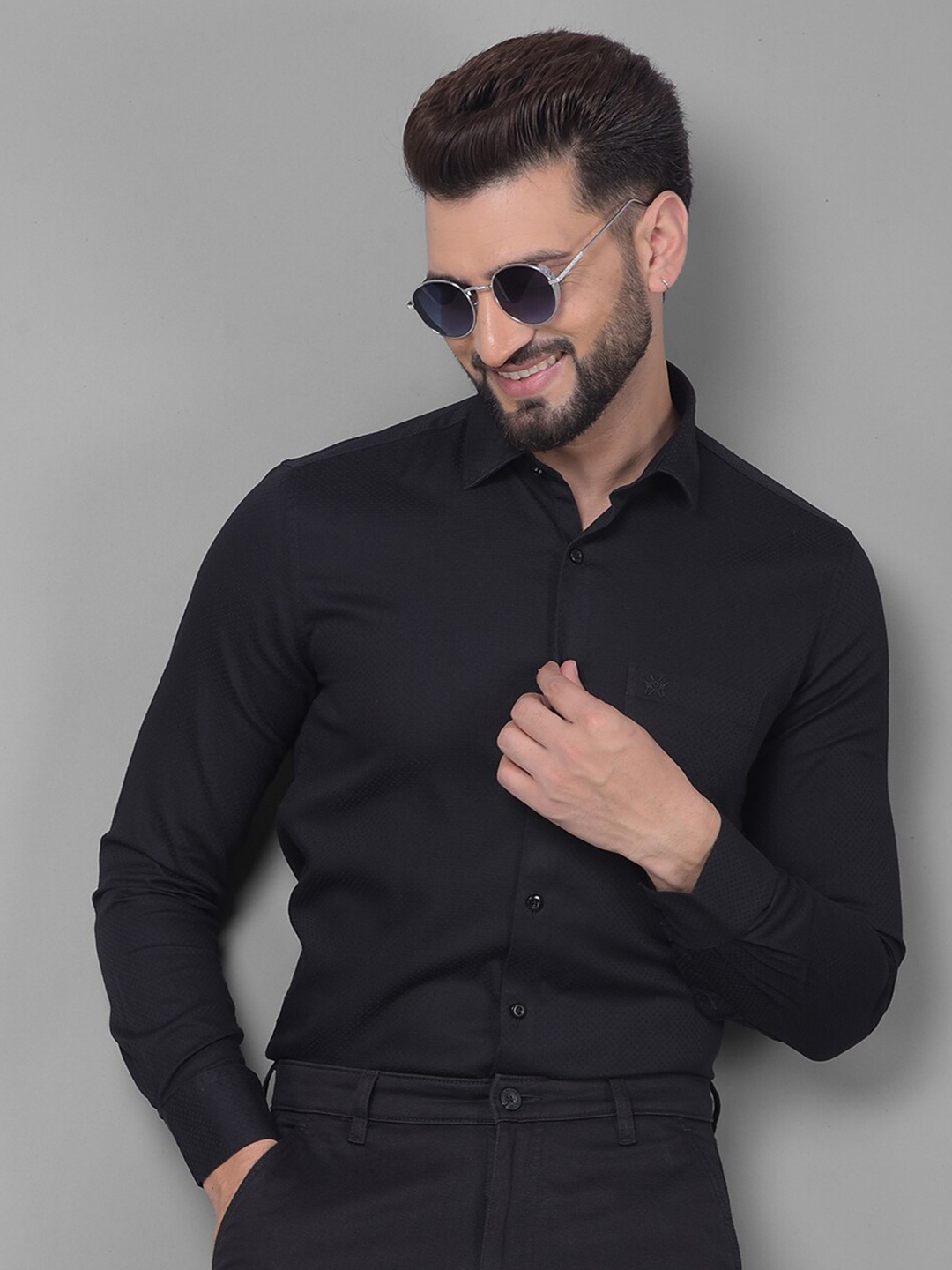 

Crimsoune Club Slim Fit Self Design Pure Cotton Formal Shirt, Black