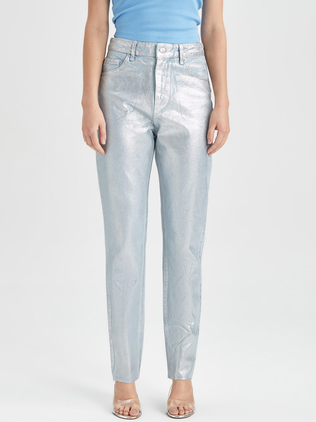 

DeFacto Women Mid-Rise Pure Cotton Trouser, Silver