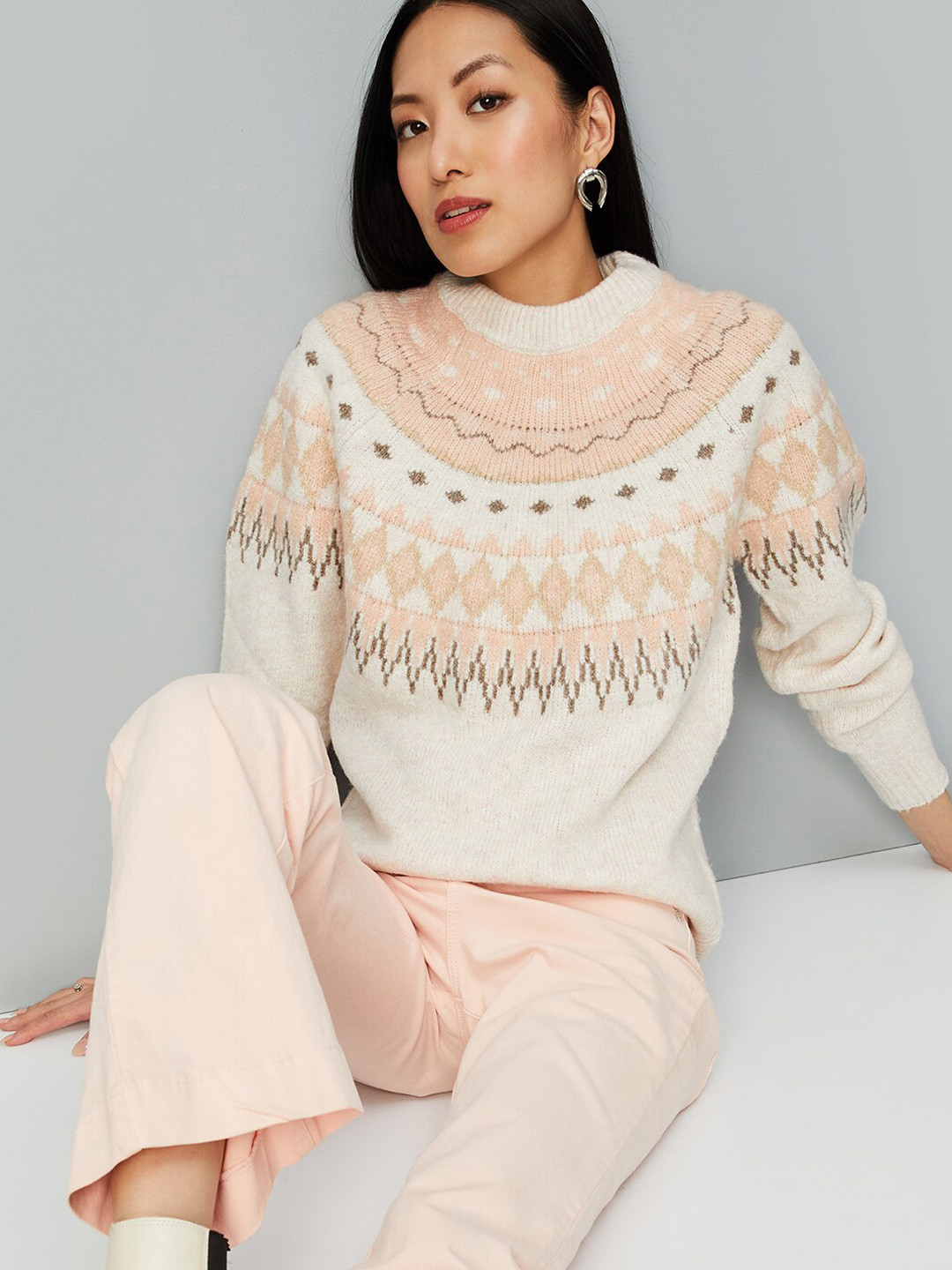 

max Ethnic Motifs Printed Pullover Sweater, Beige