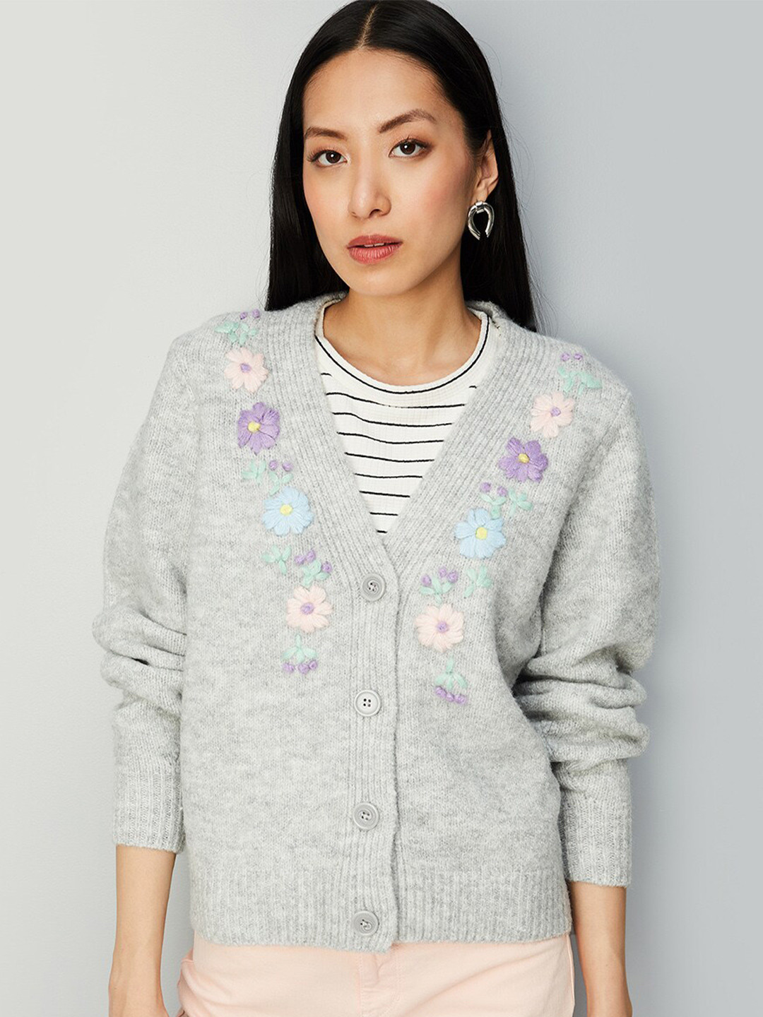 

max Embroidered Detail V-Neck Acrylic Cardigan, Grey