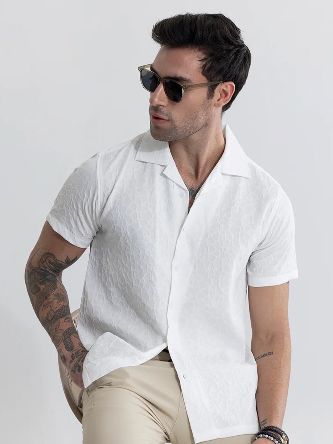 

Snitch Textured Spread Collar Classic Opaque Casual Shirt, White
