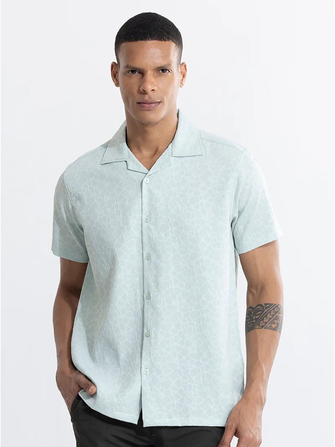 

Snitch Blue Classic Textured Self Design Cuban Collar Casual Shirt