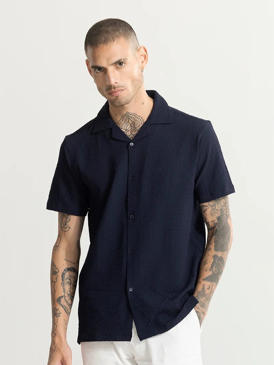 

Snitch Navy Blue Classic Textured Self Design Cuban Collar Oversized Casual Shirt