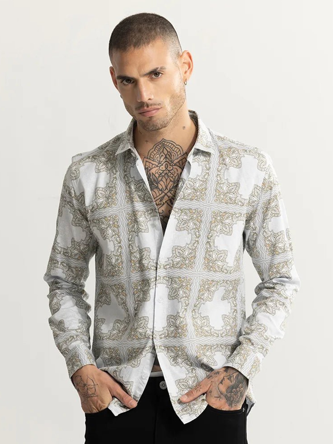 

Snitch Beige Classic Slim Fit Ethnic Motifs Printed Cotton Casual Shirt
