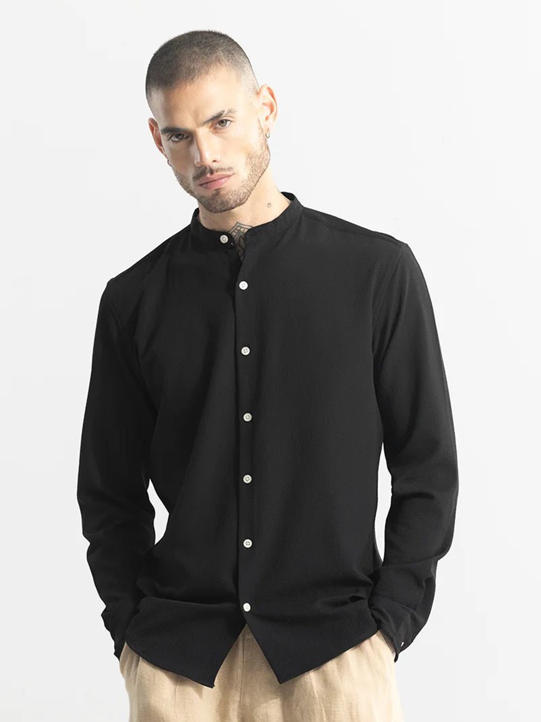 

Snitch Black Classic Oversized Mandarin Collar Long Sleeves Casual Shirt