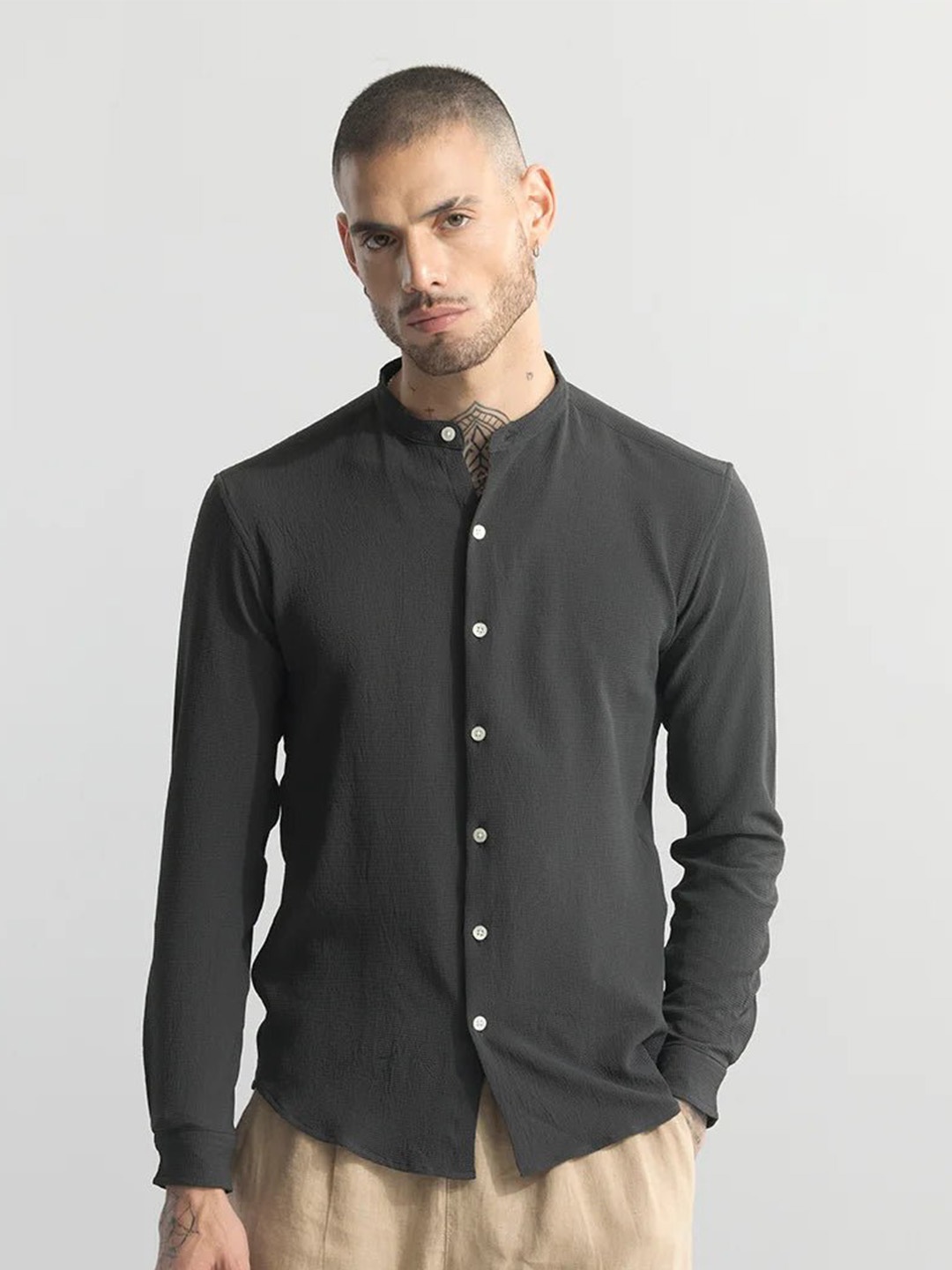 

Snitch Grey Classic Mandarin Collar Cotton Casual Oversized Shirt